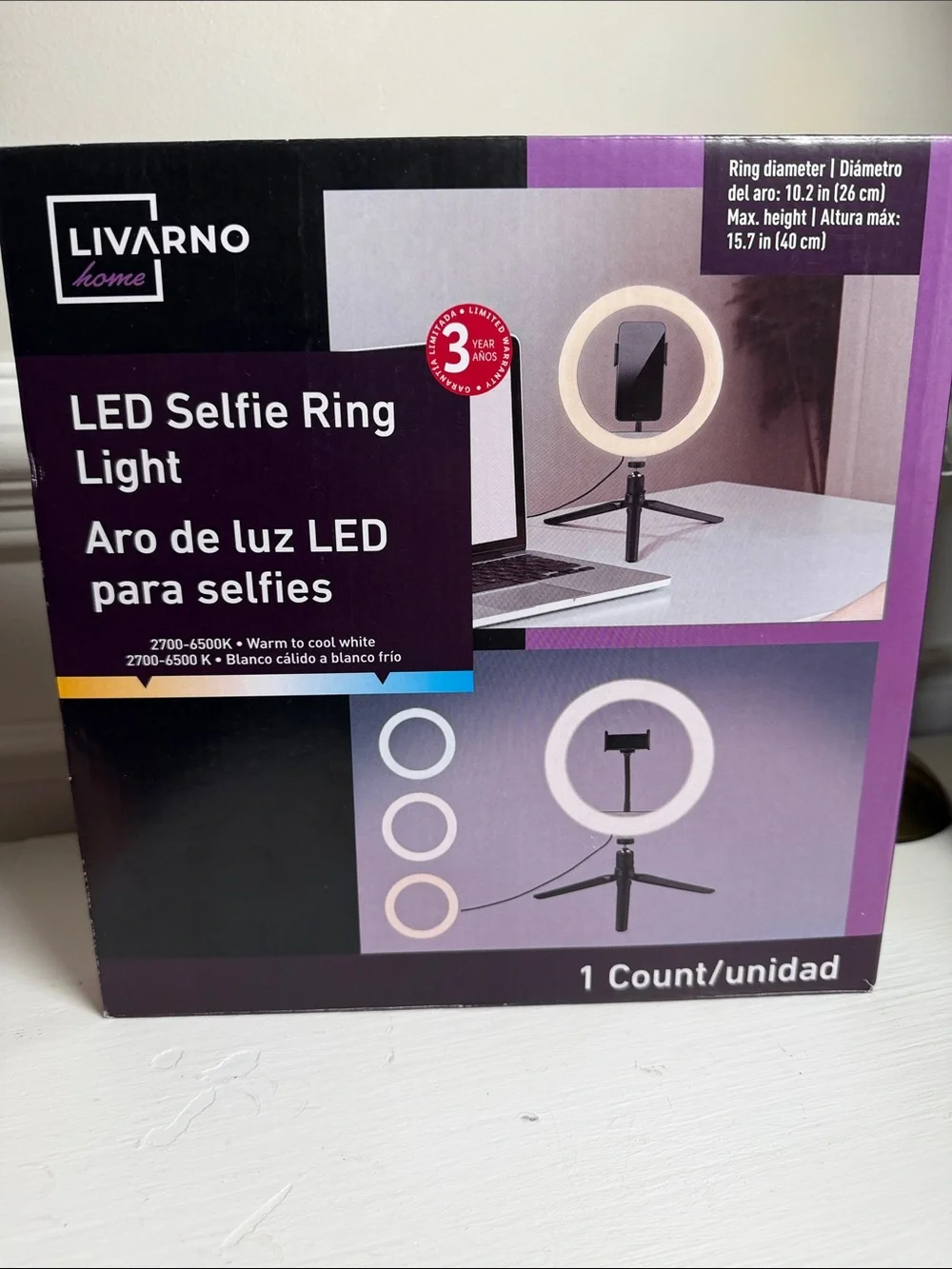 Livarno Home LED Selfie Ring Light with Tripod – 10.2”. New in Box!